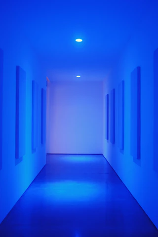 A serene clinic hallway bathed in soft blue-gray light with subtle vascular-inspired abstract patterns on the walls.