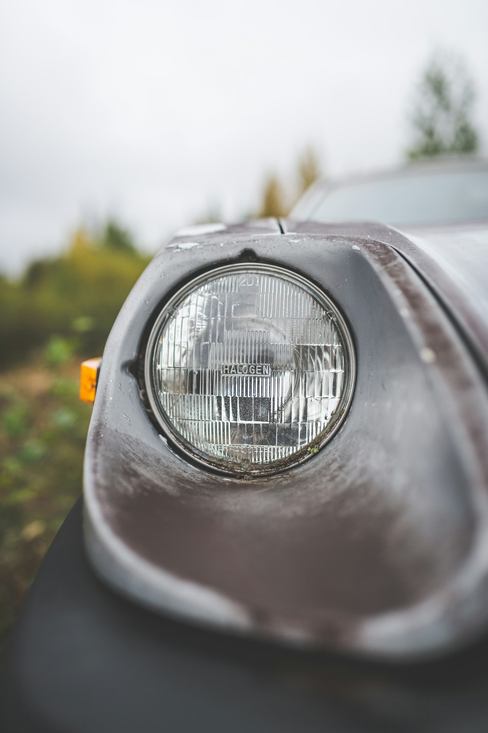 a close up of a car headlight with trees in the background