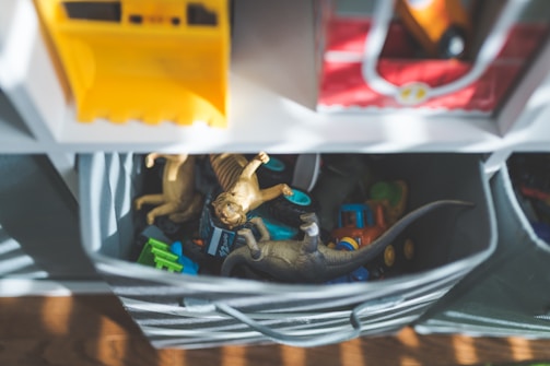 A storage unit holds bins filled with children's toys including dinosaur figures and toy vehicles. Sunlight filters through slats, casting shadows across the toys. The toys are in a soft fabric container, and shelves with more bins are visible above.