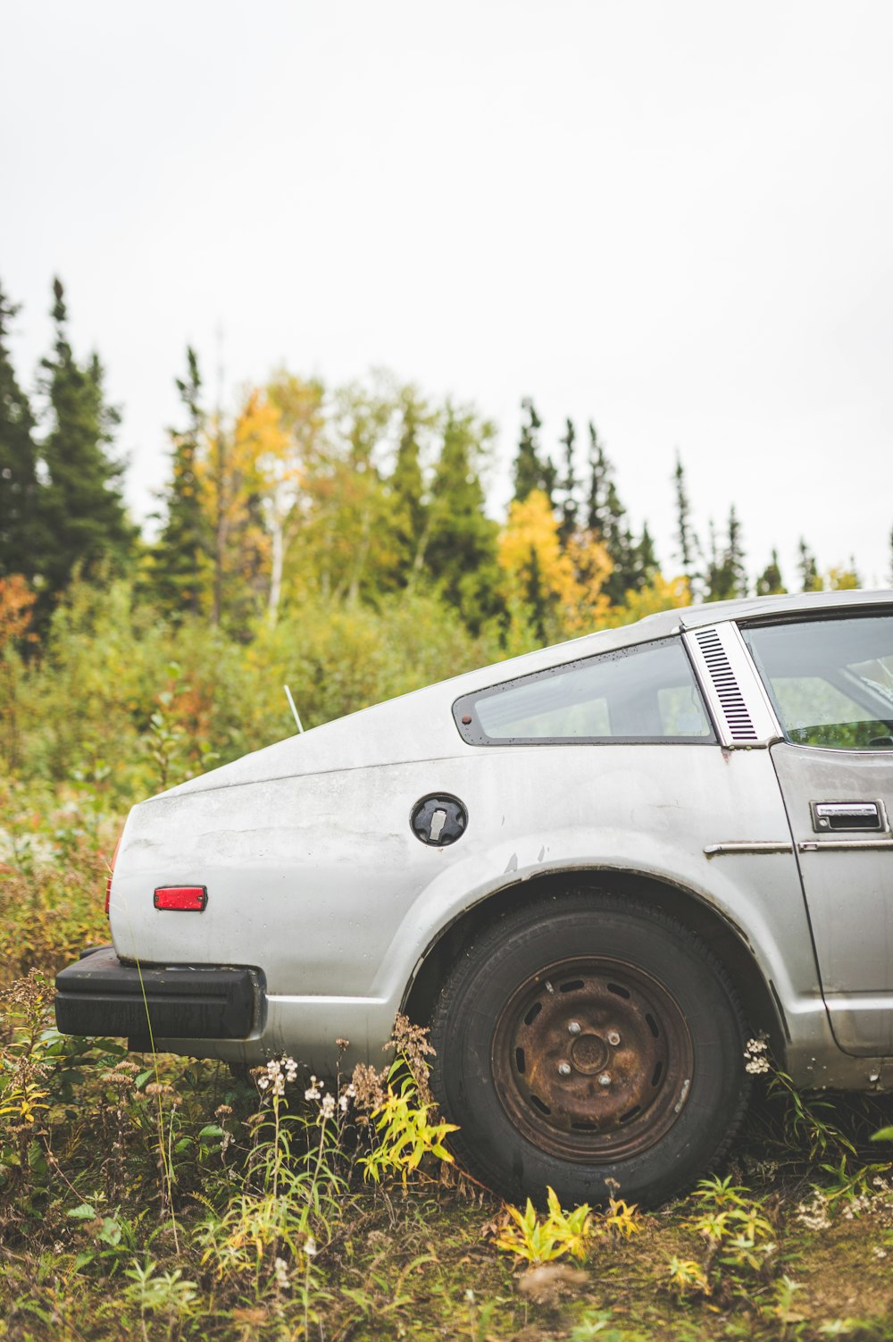 a car parked in a field with trees in the background