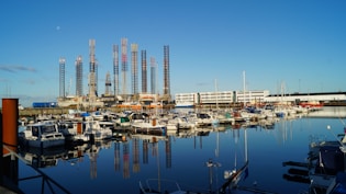 a marina filled with lots of boats under a blue sky