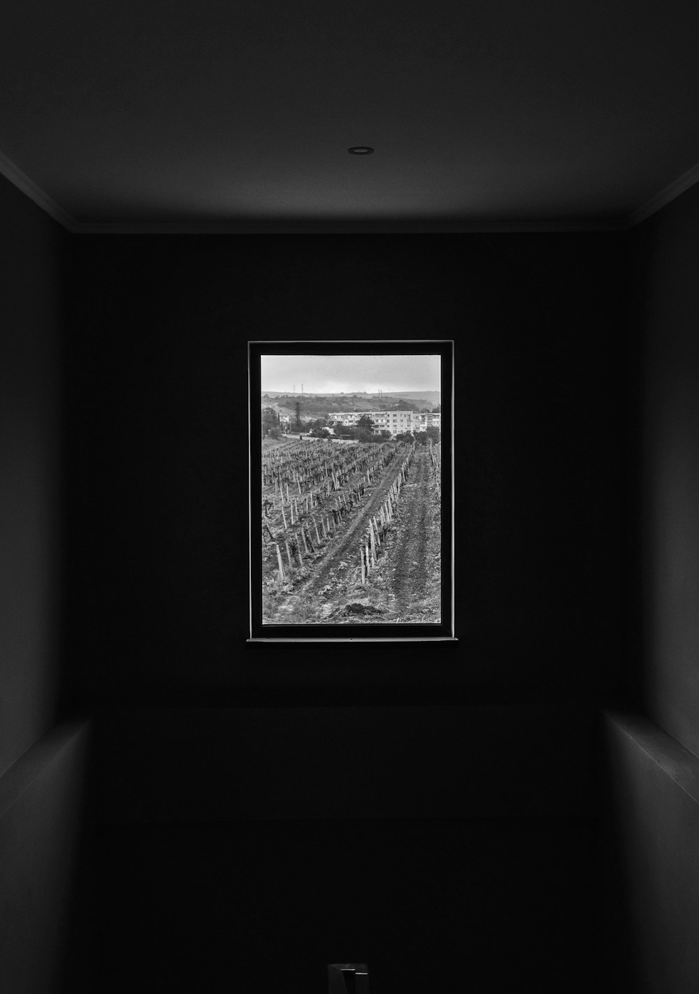 a black and white photo of a window in a dark room