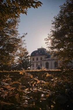 A stately family home with mature trees, bathed in warm afternoon light, symbolizing stability and heritage.