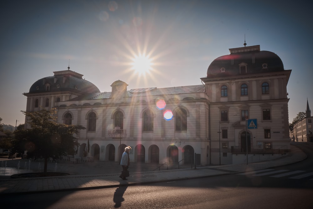 a person walking in front of a large building