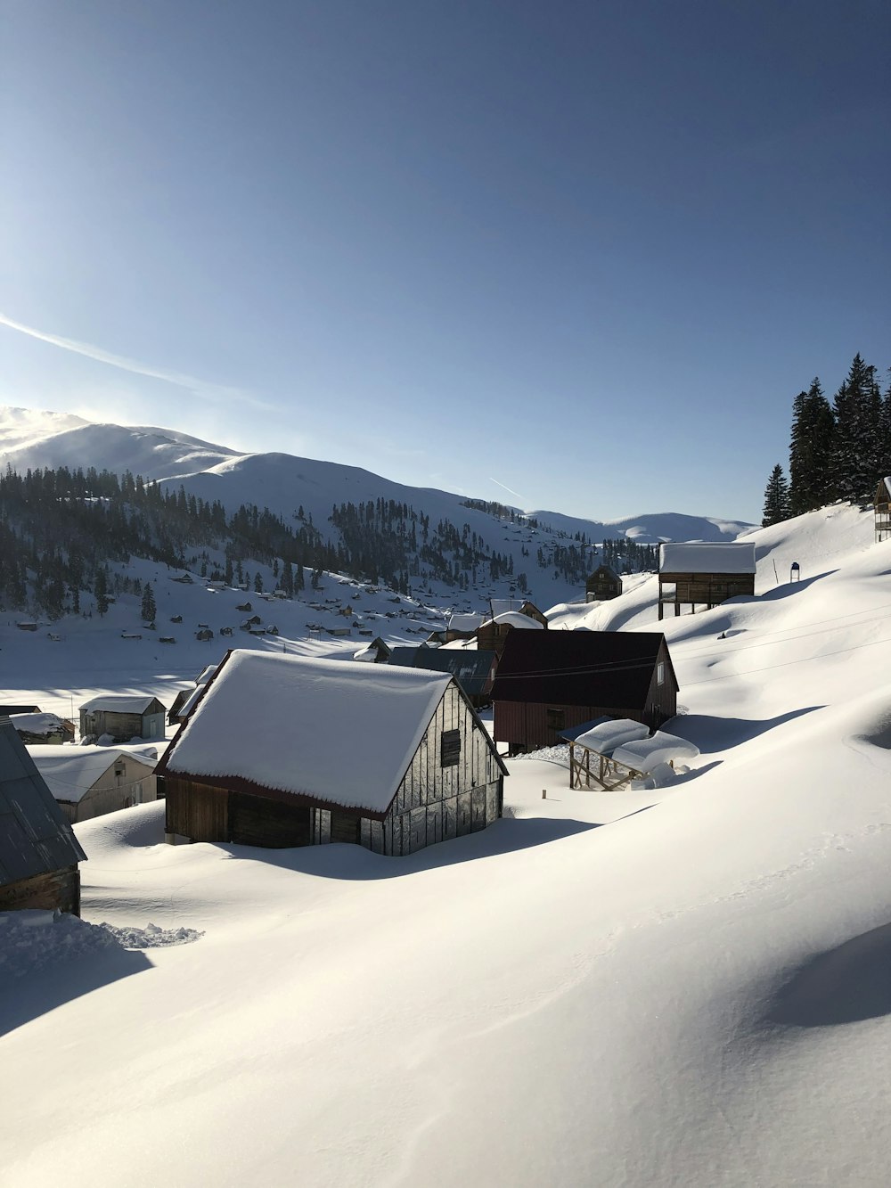 a snow covered mountain with houses and trees