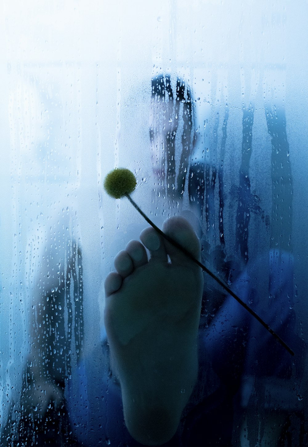 a person holding a flower in front of a window