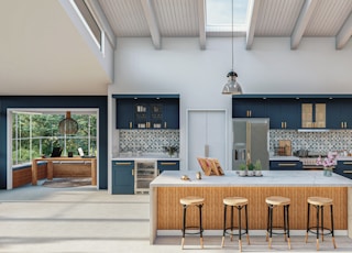 a large kitchen with a center island surrounded by stools