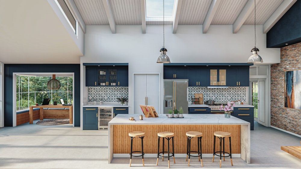 a large kitchen with a center island surrounded by stools