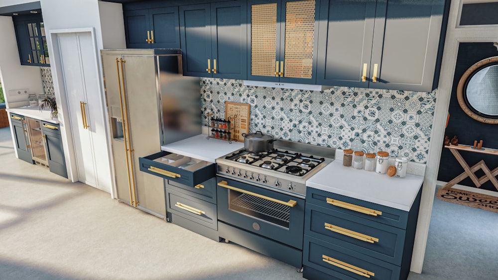 a kitchen with blue cabinets and gold trim
