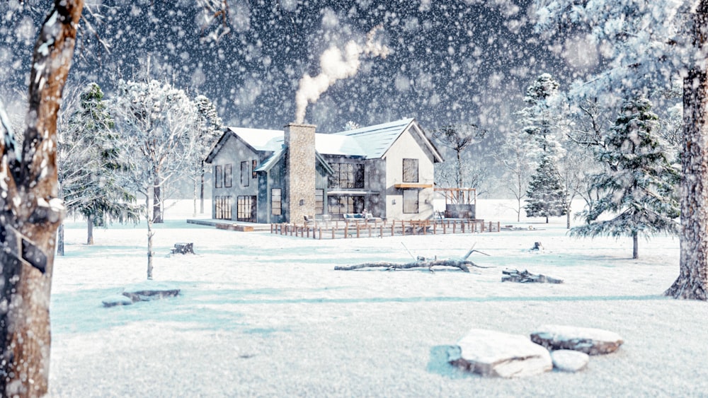 a snowy scene of a house and trees