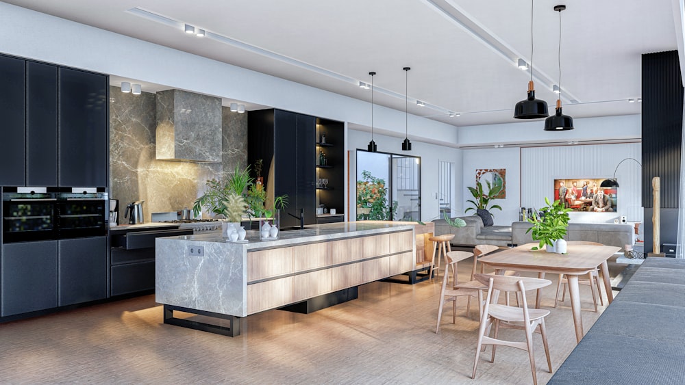 a large open kitchen with a dining table and chairs