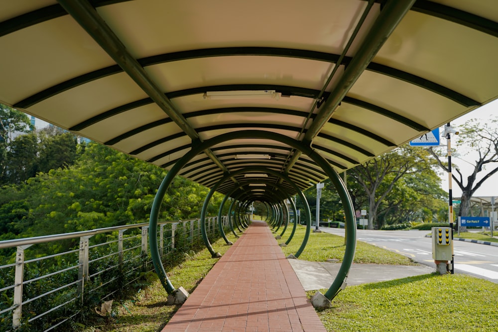 a walkway lined with a row of white umbrellas