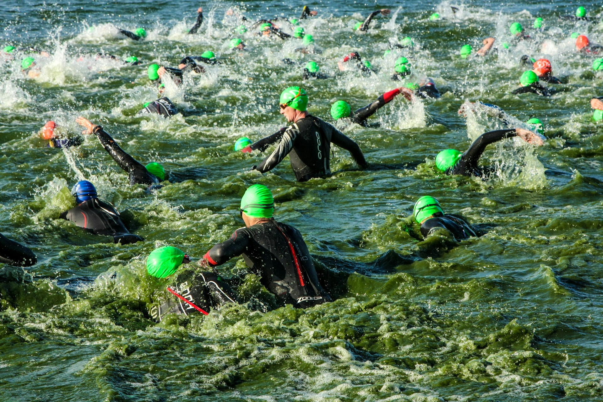 a group of people swimming in the ocean