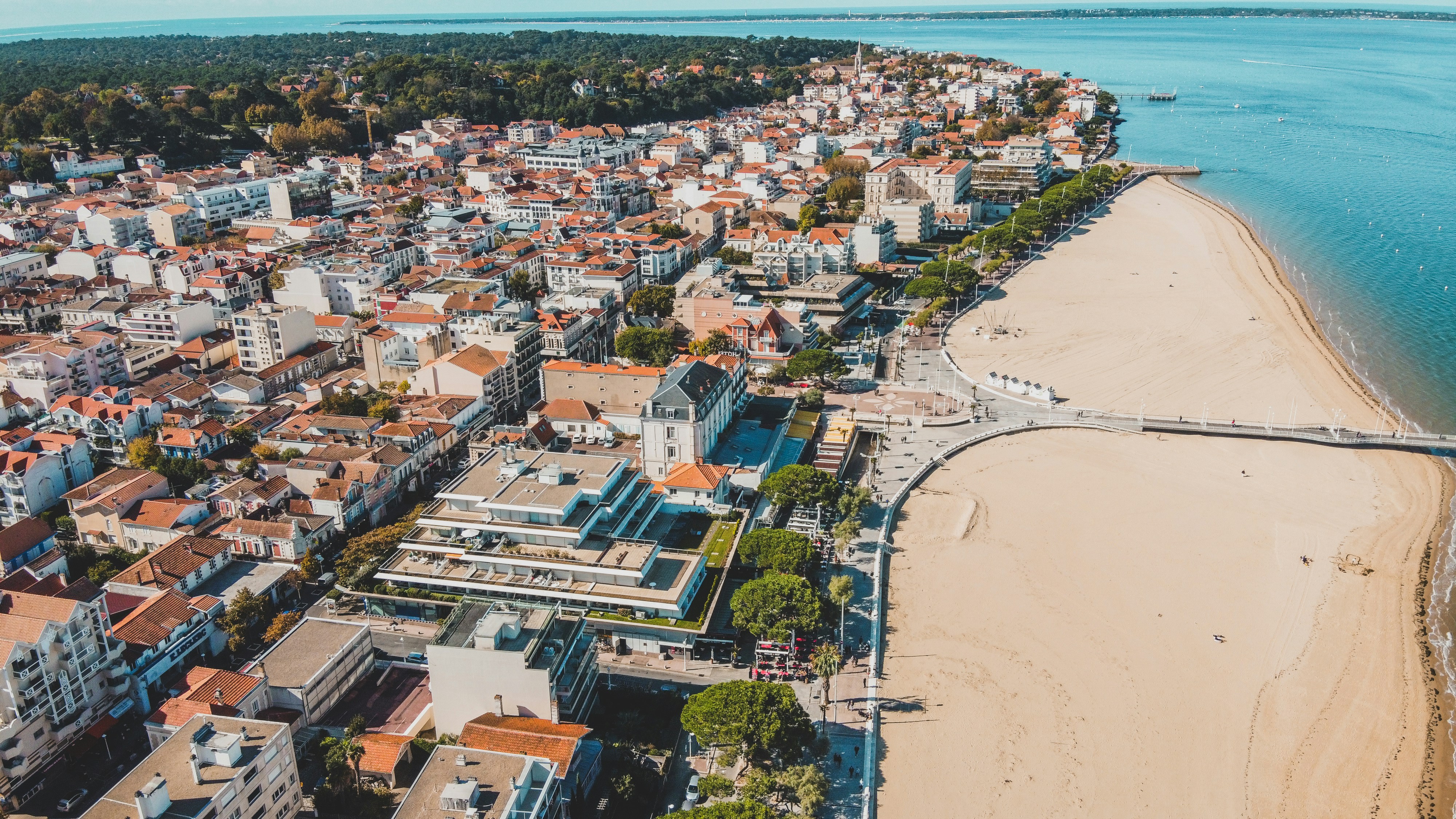 an aerial view of a beach and a city, Arcachon Aerial Photo, Beach, France, Atlantic Ocean