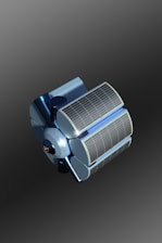 A futuristic, metallic blue satellite with large solar panels sits against a gradient background. The design is sleek and modern, with curved surfaces and detailed panel lines.