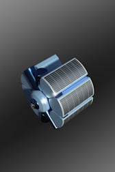 A futuristic, metallic blue satellite with large solar panels sits against a gradient background. The design is sleek and modern, with curved surfaces and detailed panel lines.