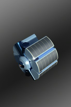 A futuristic, metallic blue satellite with large solar panels sits against a gradient background. The design is sleek and modern, with curved surfaces and detailed panel lines.