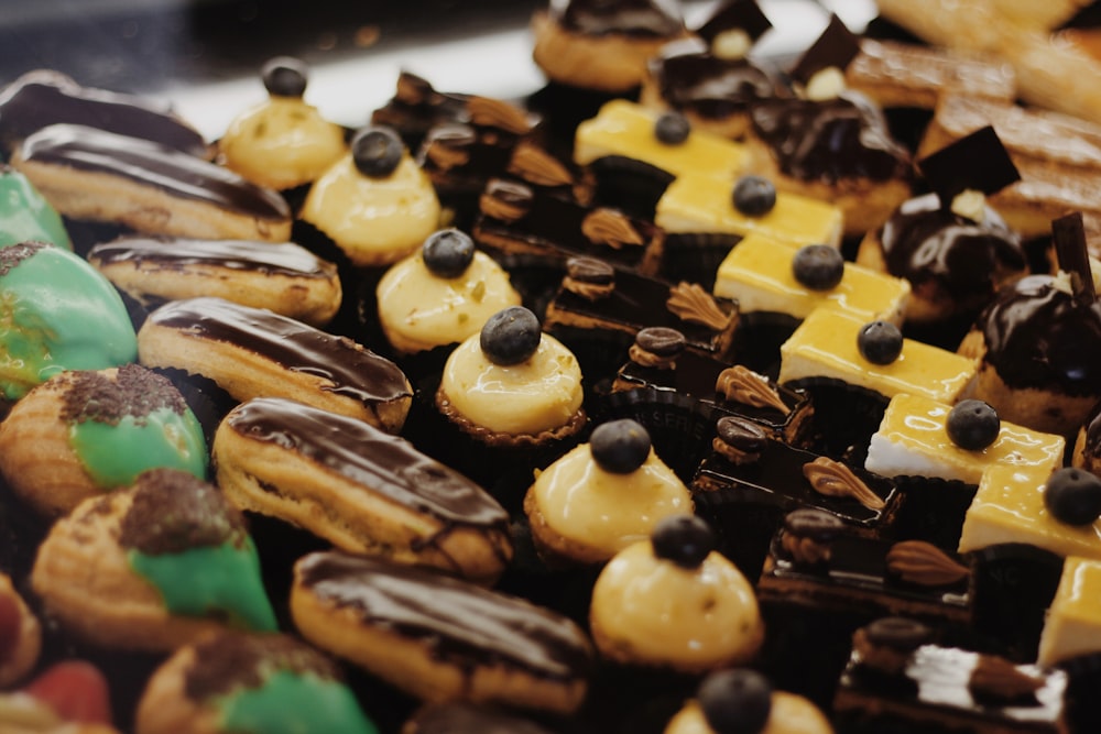 a close up of a tray of cookies and pastries