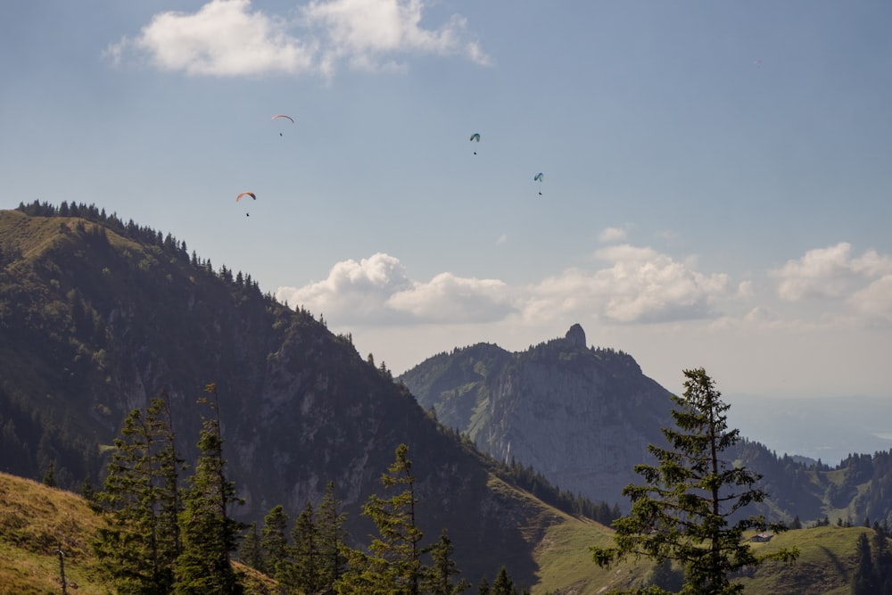 a group of people flying kites in the mountains