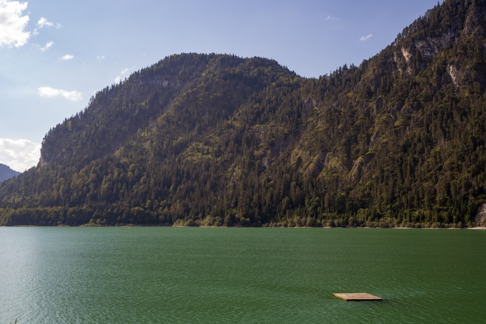 a body of water with a mountain in the background