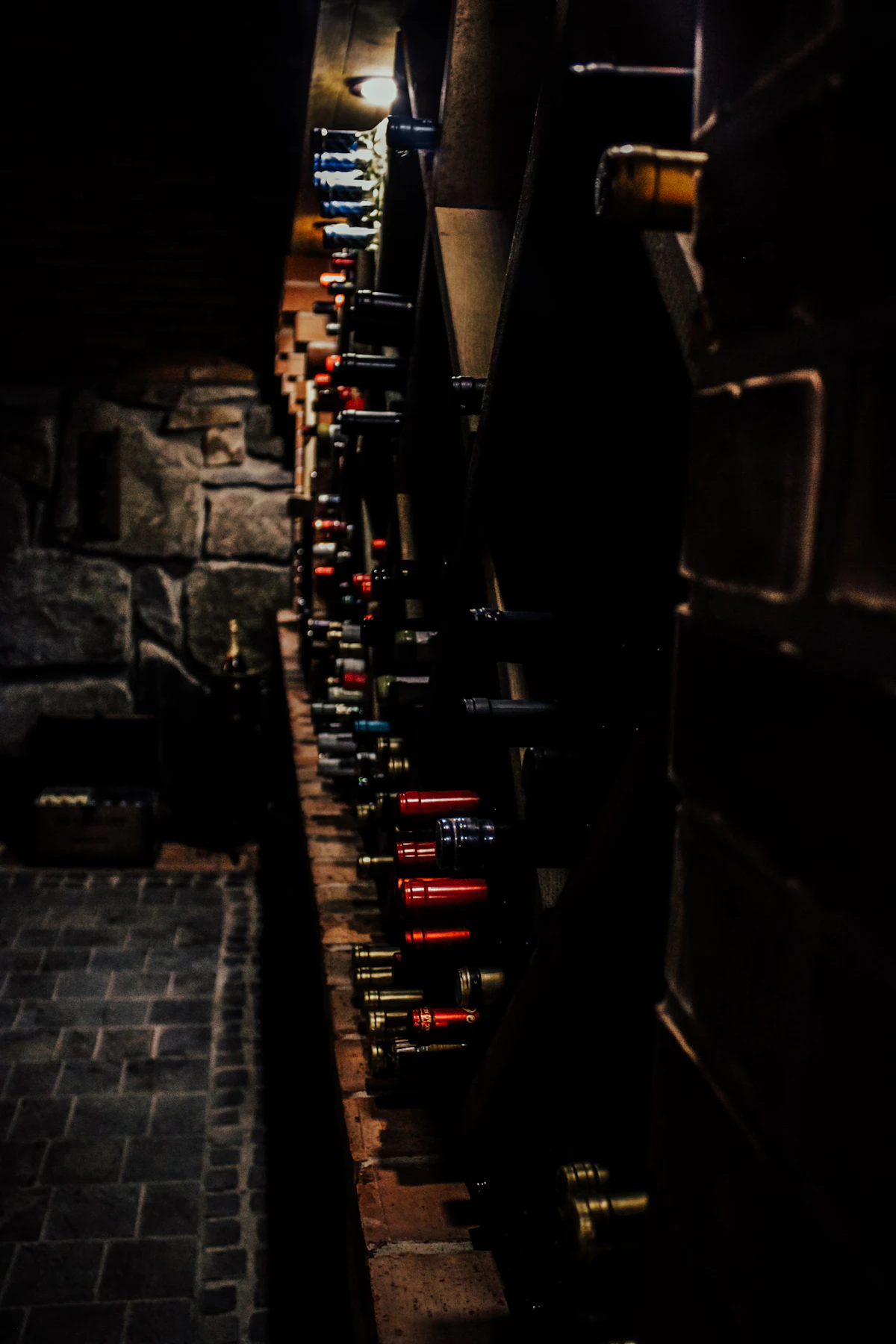 The Golden Fork cellar: bottles resting in racks along a stone wall, lit by a single lamp