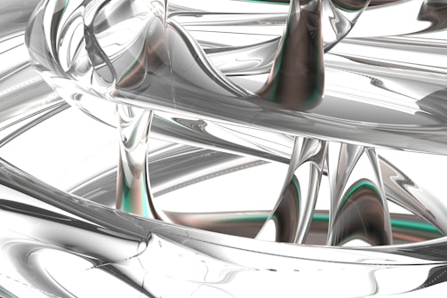 Intricate and abstract network of metallic and glass-like structures with a fluid, twisting formation. The surfaces reflect and refract light, creating a sense of depth and complexity.