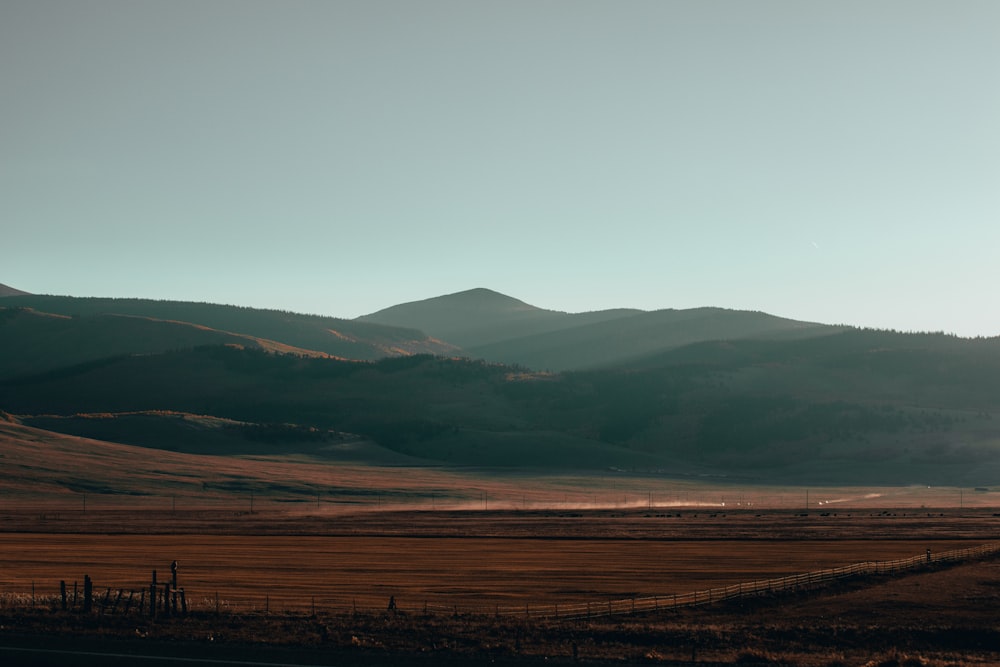 a field with a mountain in the background