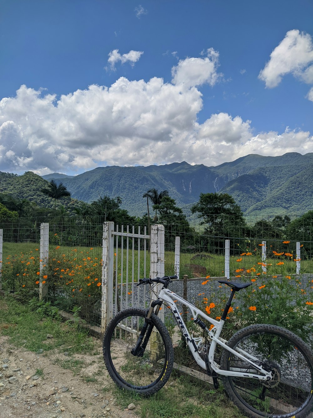 a bike leaning against a fence in a field