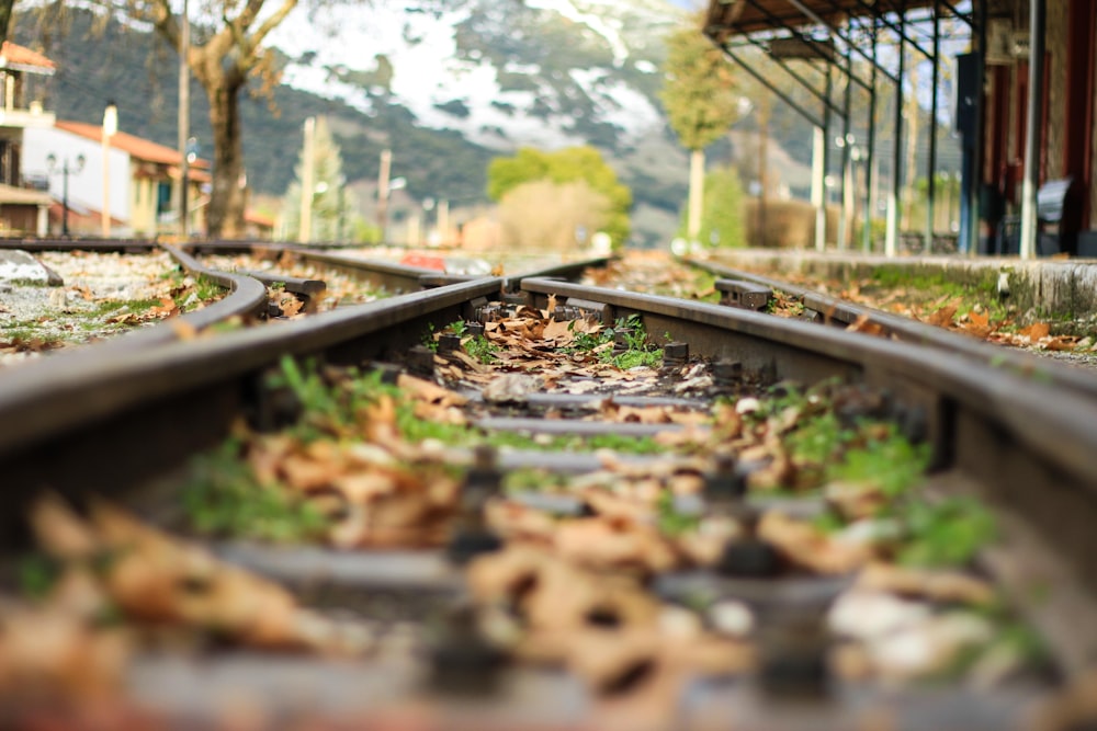 a train track with leaves on it and a building in the background