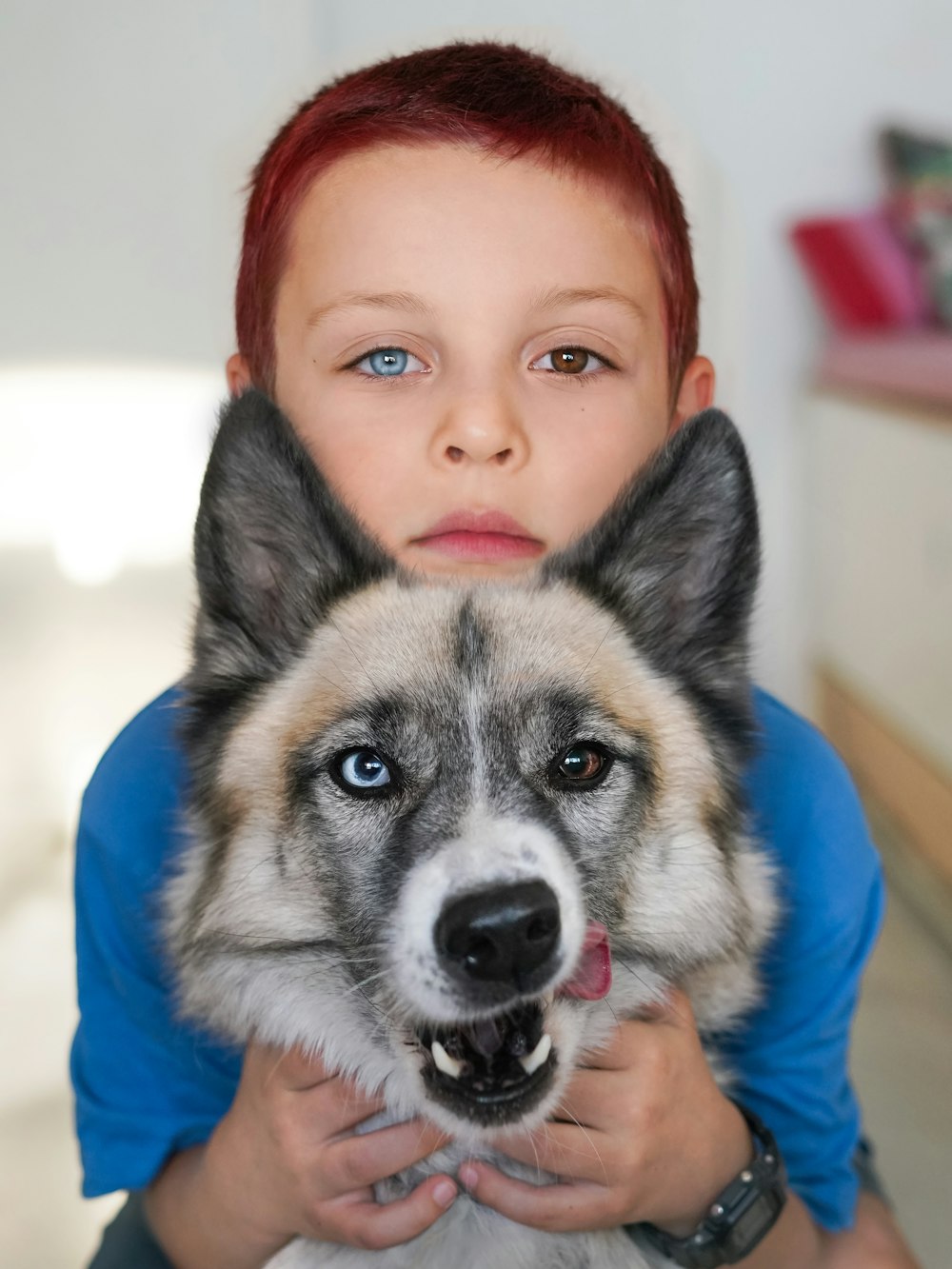 Un niño sosteniendo un perro en sus brazos