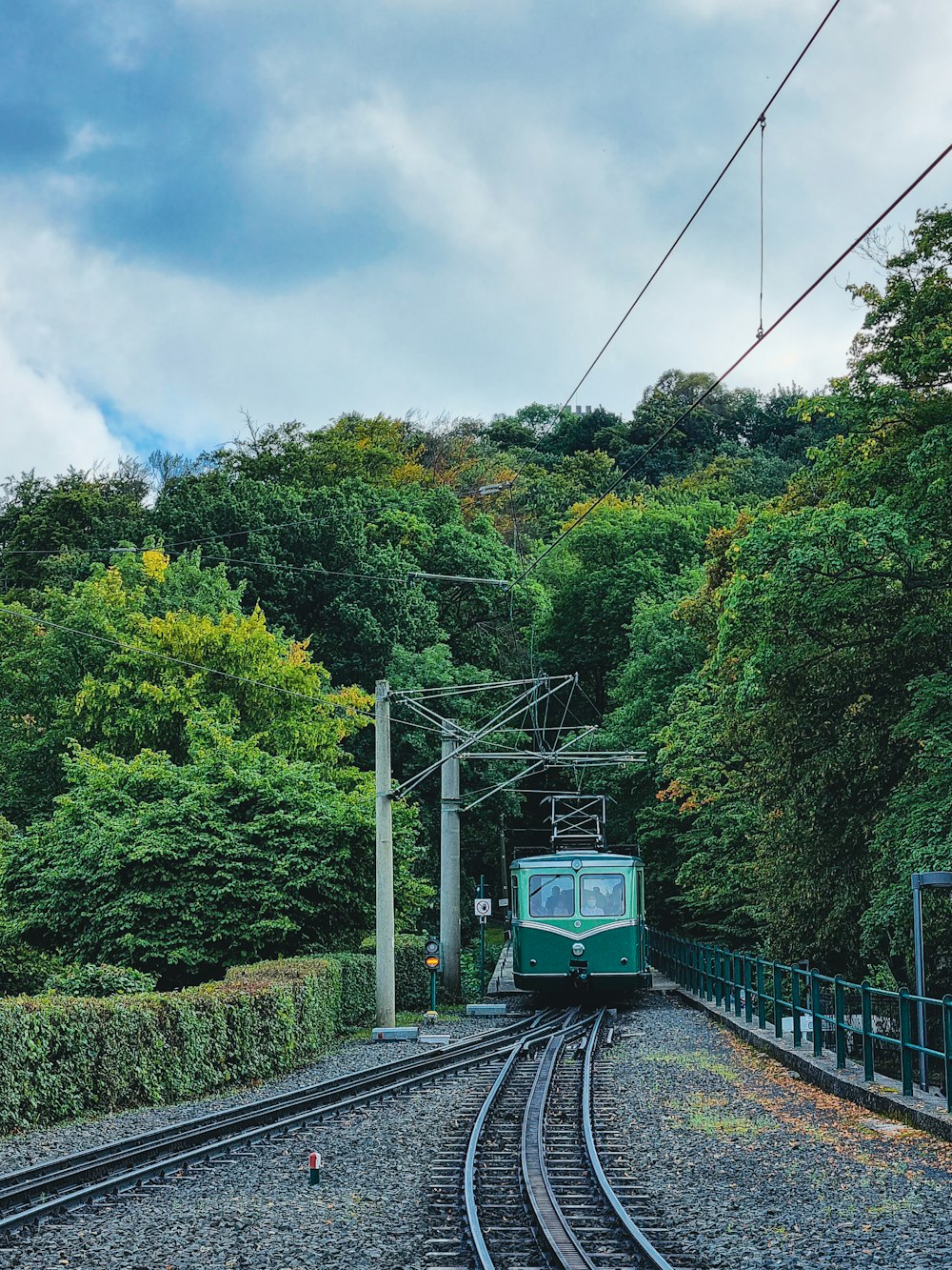 a green train traveling down train tracks next to a forest
