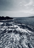 A stark monochrome shot of a rugged coastline under heavy clouds.