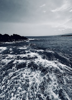 Monochrome image of a rugged coastline with crashing waves and dramatic clouds overhead.