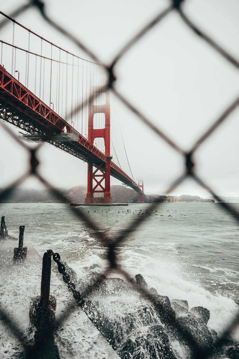 a view of the golden gate bridge through a chain link fence
