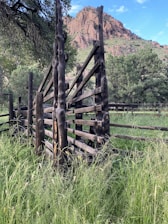 A rustic wooden fence with a distinctive radial design stands among tall grass in a natural landscape. In the background, rocky hills rise against a partly cloudy sky, creating an earthy and serene atmosphere. The surrounding greenery consists of trees and shrubs, adding to the tranquility of the scene.