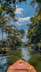 a boat traveling down a river surrounded by palm trees