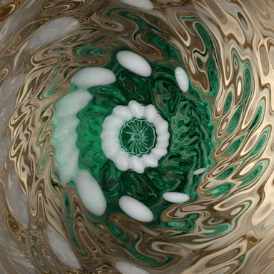 An abstract pattern resembling a swirling vortex with a central flower-like motif. The colors create a rippling effect that extends outward in concentric circles, blending into an earthy, wave-like formation.
