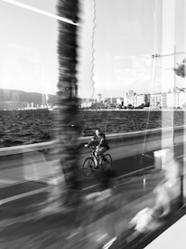 A cyclist rides along a coastal pathway next to a large body of water. The image appears to be taken through a window, creating reflections that add a layered effect. The background features a cityscape with buildings against a clear sky.