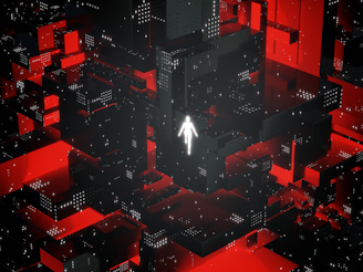 a person walking through a maze of red and black cubes