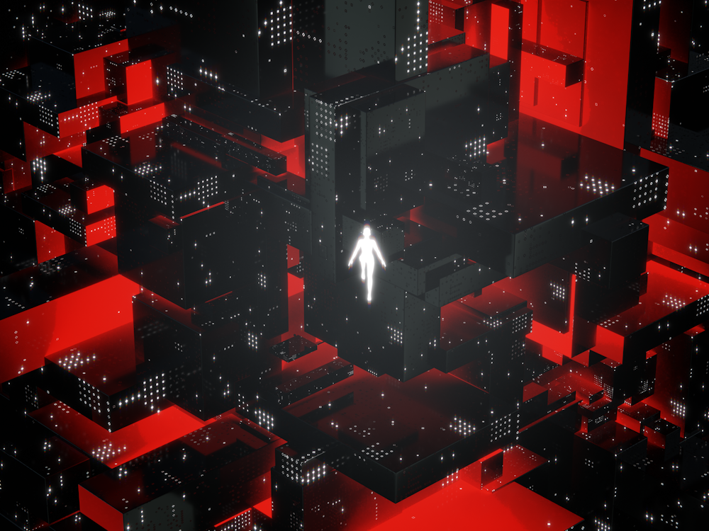 une personne marchant dans un labyrinthe de cubes rouges et noirs