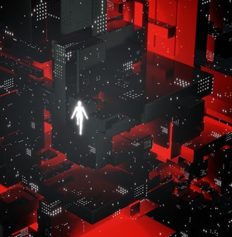 a person walking through a maze of red and black cubes