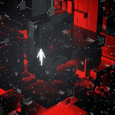 a person walking through a maze of red and black cubes