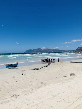a group of people standing on top of a sandy beach