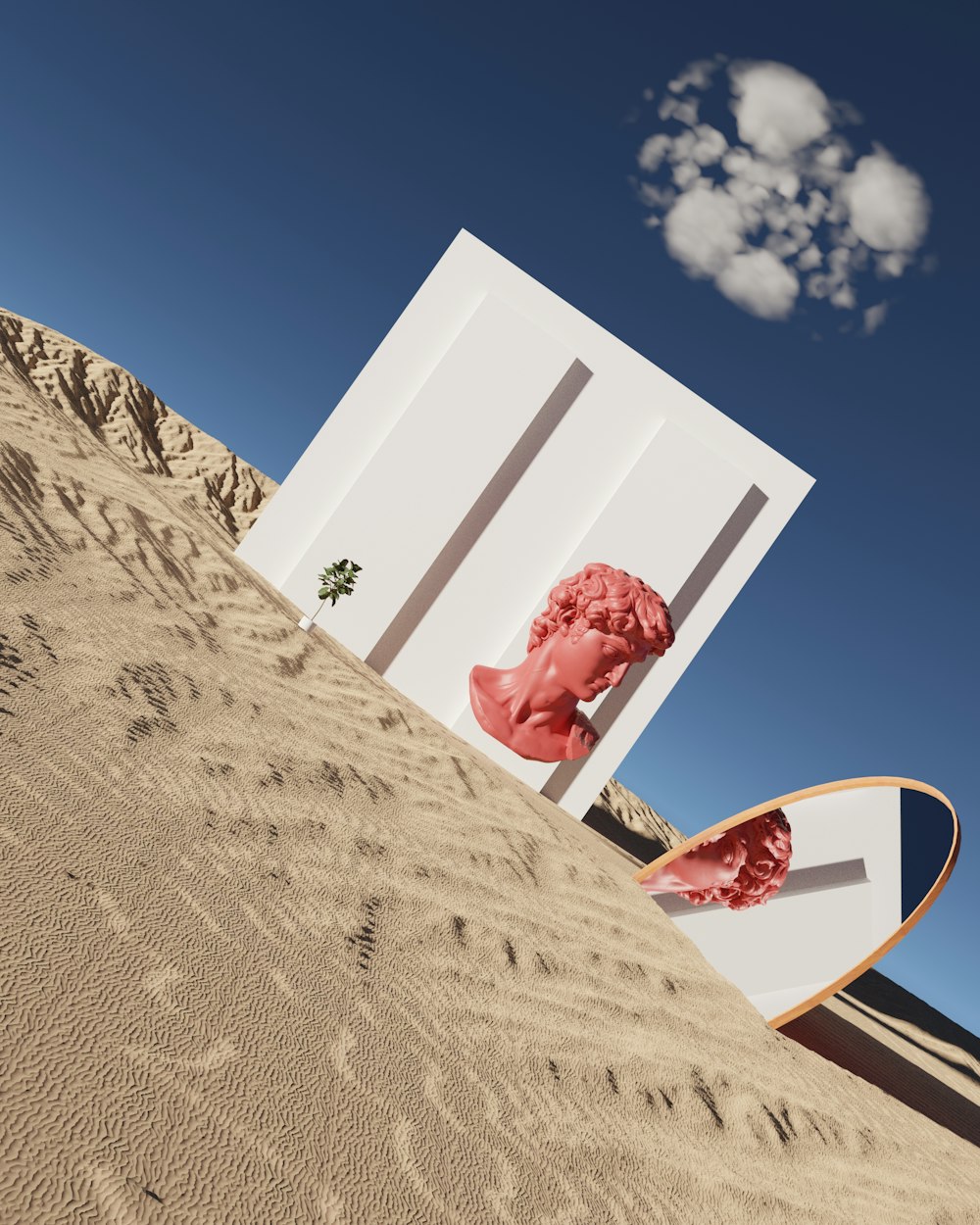 a surfboard sticking out of the side of a sand dune