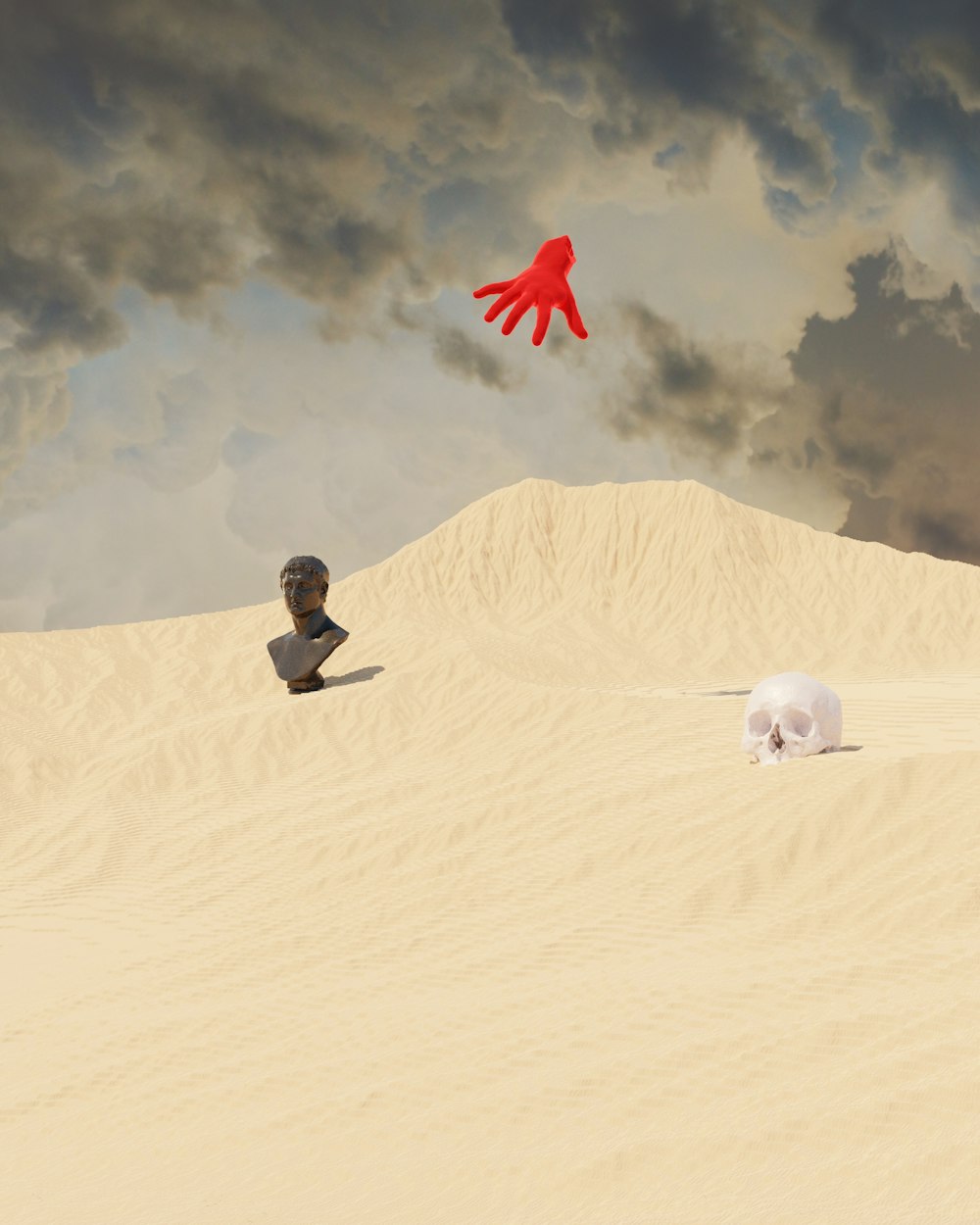 a person sitting in the sand with a red object in the sky