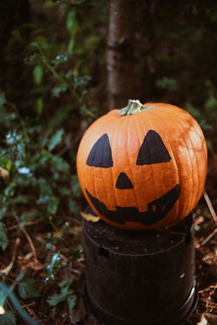 a pumpkin sitting on top of a barrel in the woods