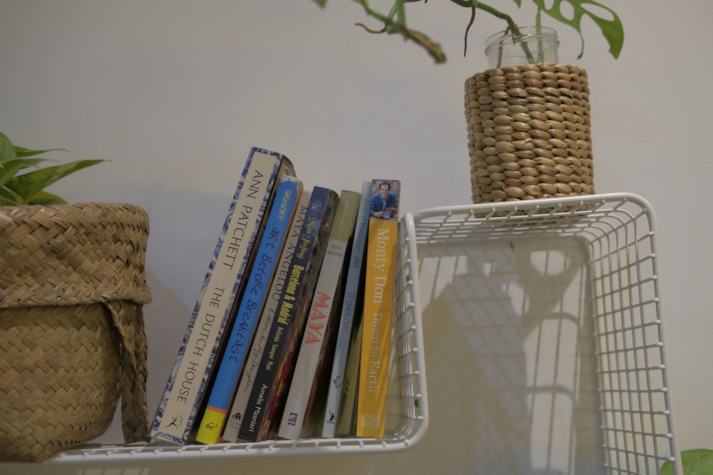uno scaffale bianco contenente libri e una pianta