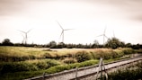 Several wind turbines are situated in a grassy field with scattered bushes and trees. There is a railway track bordered by a wire fence in the foreground. The sky appears overcast, adding a muted tone to the scene.
