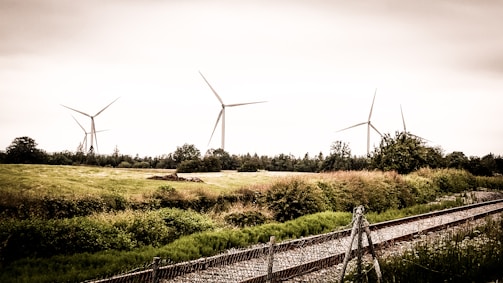Several wind turbines are situated in a grassy field with scattered bushes and trees. There is a railway track bordered by a wire fence in the foreground. The sky appears overcast, adding a muted tone to the scene.