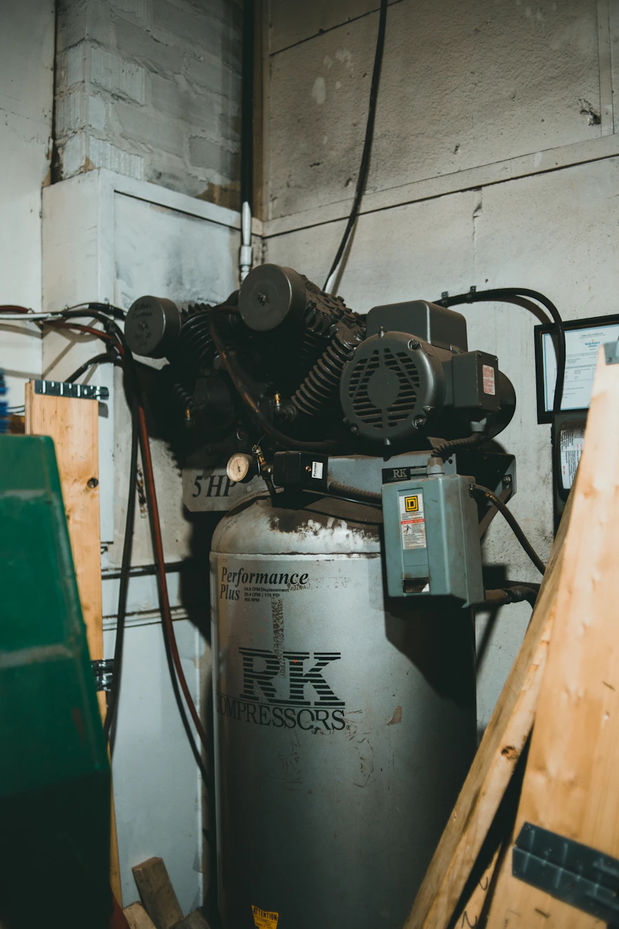 Air compressor in a garage workshop